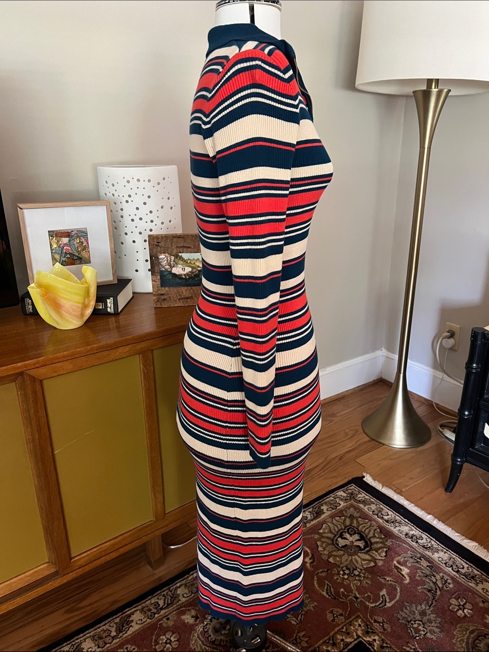 Nasty Gal Striped Zip-Up V-Neck Ribbed Maxi Dress in Red, Navy & Cream - Picture 3 of 7